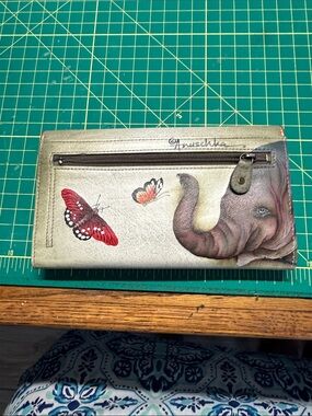 Anuschka Painted Elephant & Butterfly Wallet in Light Gray with Red Accents